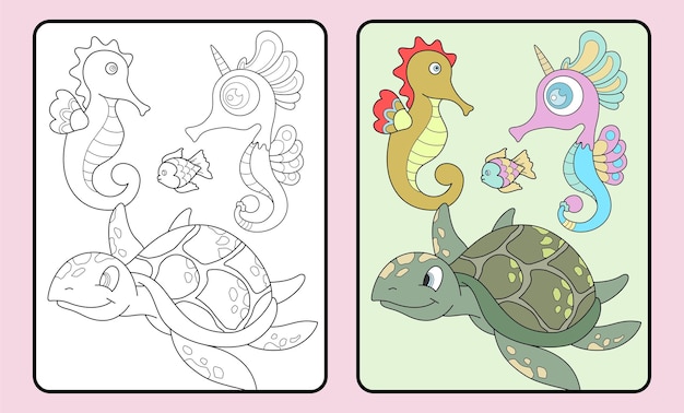 Learn to color turtle and seahorse for kids and elementary school