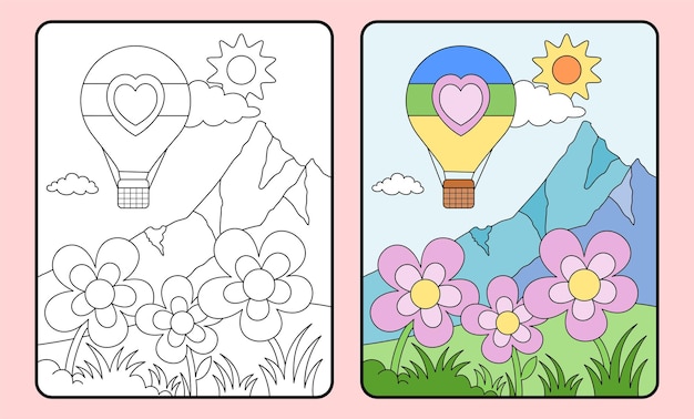 Learn coloring for kids and elementary school hot air balloons and mountains