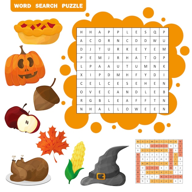 Learn English with an autumn word search game for kids. Vector illustration. Halloween and Thanksgiving theme