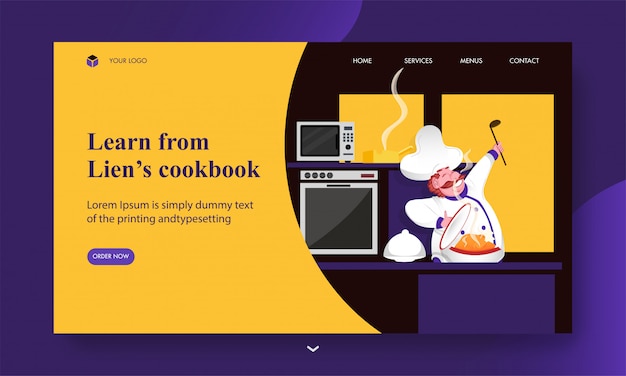 Learn from lien's cookbook  based landing page  with chef character presenting chicken on kitchen view.