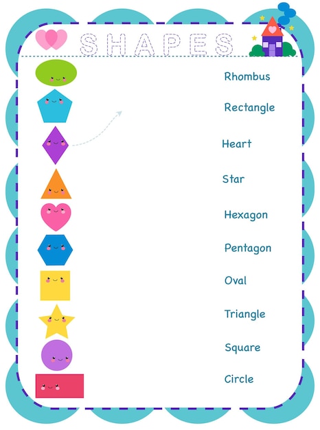 Vector learn shapes and geometric figures preschool or kindergarten worksheet for practicing motor skills