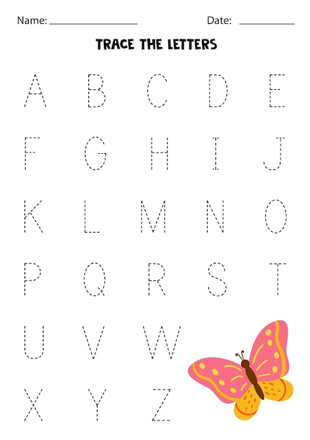 Learning alphabet Tracing letters Cute cartoon butterfly