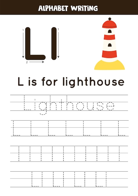 Learning English alphabet for kids Letter L Hand drawn lighthouse