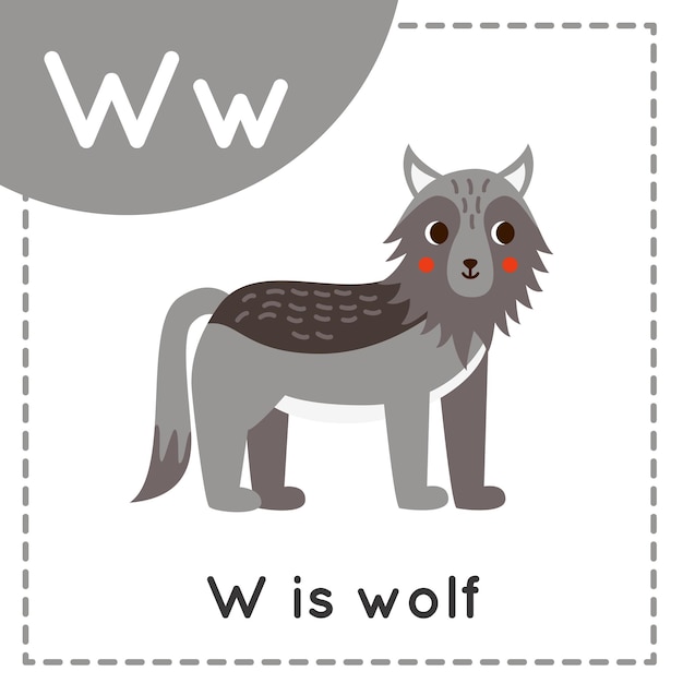 Learning English alphabet for kids Letter W Cute cartoon wolf