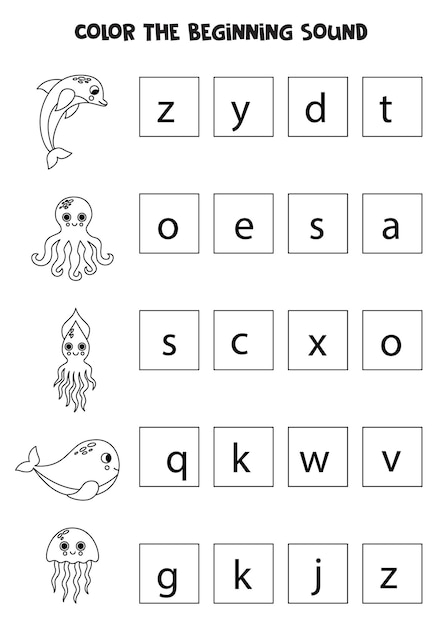 Learning English language for children Color the beginning sound of sea animals