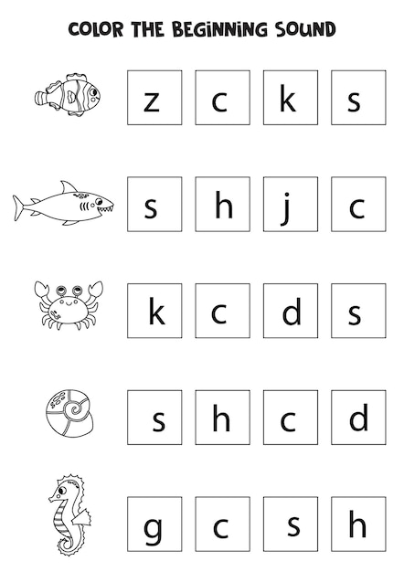 Learning English language for children Color the beginning sound of sea animals