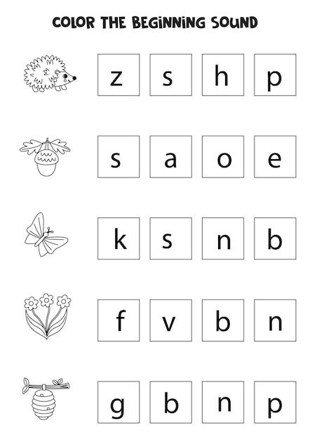 Learning English language for children Color the beginning sound of woodland animals