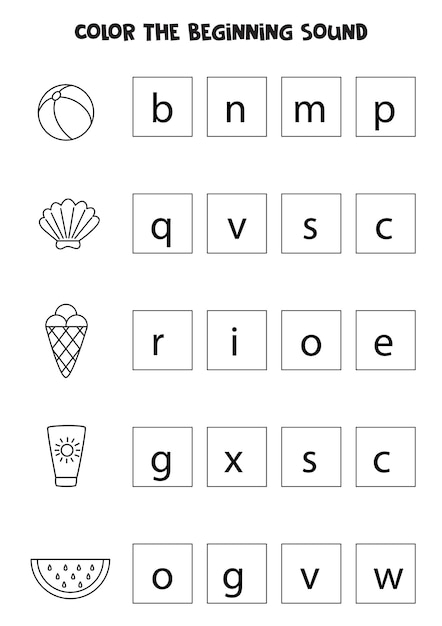 Learning English language for children. Color the beginning sound.