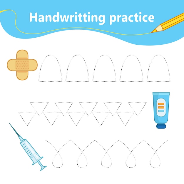 Learning the first letter of lines by dots Set of medical items syringe medicine Preschool education