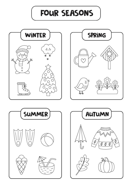 Learning four seasons for kids Black and white educational worksheet