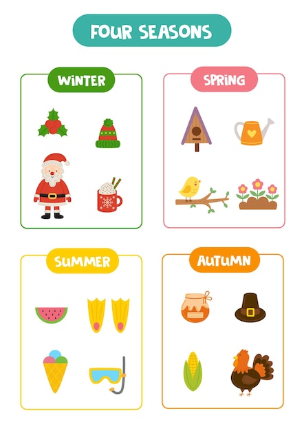 Learning four seasons for kids Colorful educational worksheet