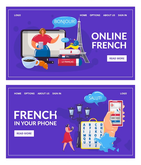 Learning French language online , cartoon human hand holding smartphone, mobile education course technology set