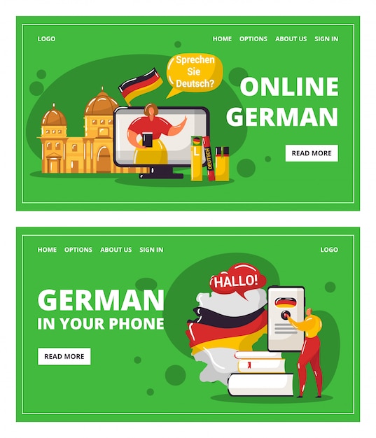 Learning german language online with teacher, education in your telephone  illustration.