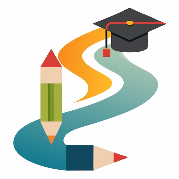 Vector learning journey pencil to graduation cap pathway illustration