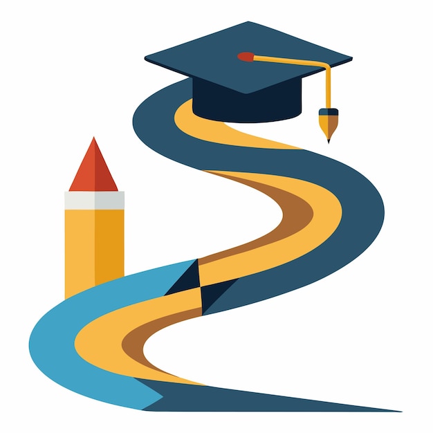 Vector learning journey pencil to graduation cap pathway illustration