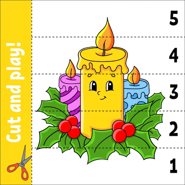 Learning numbers 1-5. Cut and play. Christmas candles. Education worksheet. Game for kids.