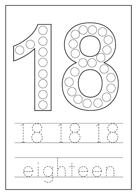 Learning numbers for kids Number eighteen Math worksheet