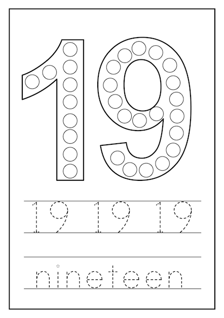 Learning numbers for kids Number nineteen Math worksheet