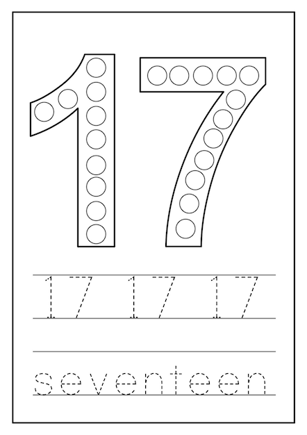 Learning numbers for kids Number seventeen Math worksheet