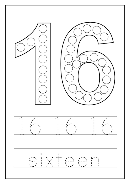 Learning numbers for kids Number sixteen Math worksheet