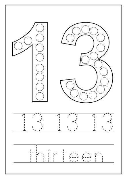 Learning numbers for kids Number thirteen Math worksheet