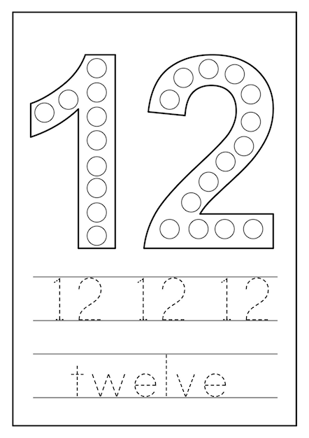 Learning numbers for kids Number twelve Math worksheet