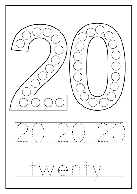 Learning numbers for kids Number twenty Math worksheet