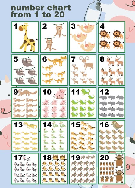 Vector learning numbers one to twenty. educational sheet for preschool. vector illustration file.