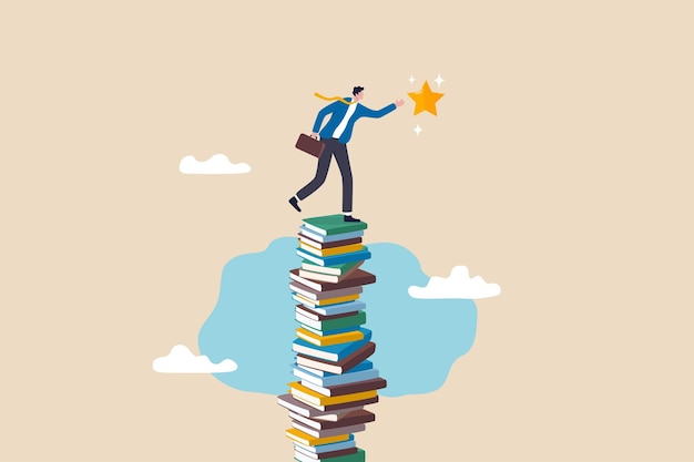 Learning or study help reach goal and success knowledge and education for business challenge motivation or ambition to learn new skill concept smart businessman climb book stack to reach goal