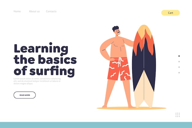 Learning surfing basics concept of landing page with young man hold surfboard Male enjoy activity