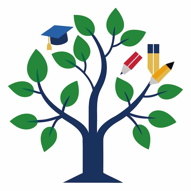 Vector learning tree with book and cap leaves symbol of growth