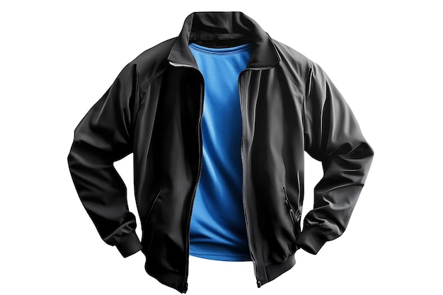 a leather jacket with a blue shirt that says  the word  on it