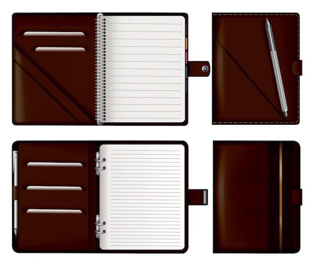 Leather note book set Realistic brown notebook mockups for branding and corporate identity Notepads with pencil or pen isolated vector illustration on white background