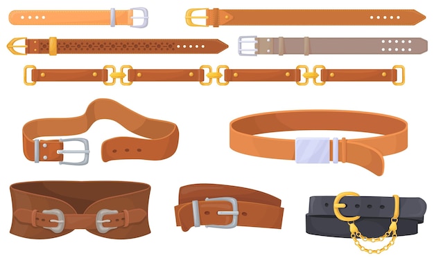 Leather straps Cartoon belts with unbutton metal buckles leathers horizontal strip fashion belt for clothes waist decoration lock golden chain clasp neat vector illustration