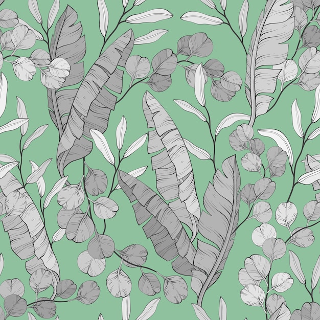 Leaves and branches seamless monochrome pattern Eucalyptus and banana leaves Vector illustration