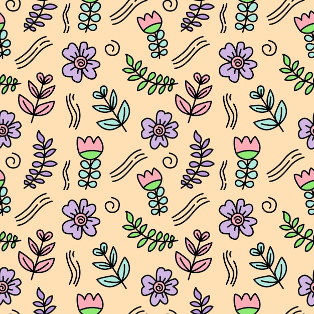 leaves and flower doodle seamless pattern background