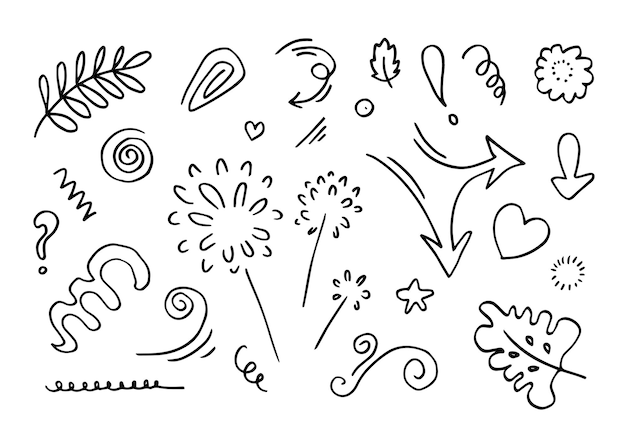 Leaves hearts abstract ribbons arrows and other elements in hand drawn styles.