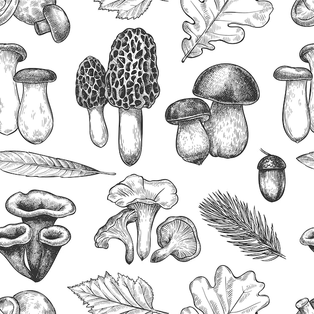 Leaves and mushrooms seamless pattern