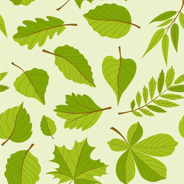 Leaves pattern - seamless modern material design background. Different trees: oak, rowan, maple, chestnut, birch. Herbarium concept. Template for wrapping paper, fabric, cover, textile, business cards