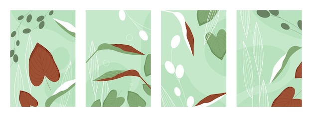 Leaves pattern vector illustration set. Abstract hand drawn green brown natural leaf plants, grass herbs in garden or meadow forest