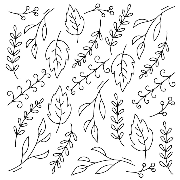 Leaves plant set with doodle line style vector design