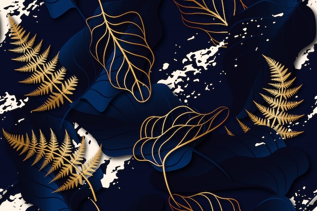 Leaves Seamless Pattern With Splash In Dark Blue Background