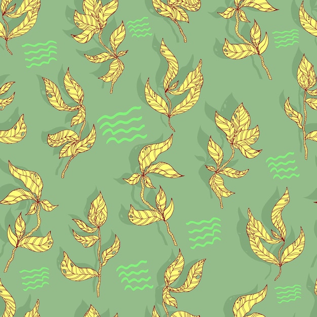 Leaves on wooden twigs vector seamless pattern white and green with shadow on blue