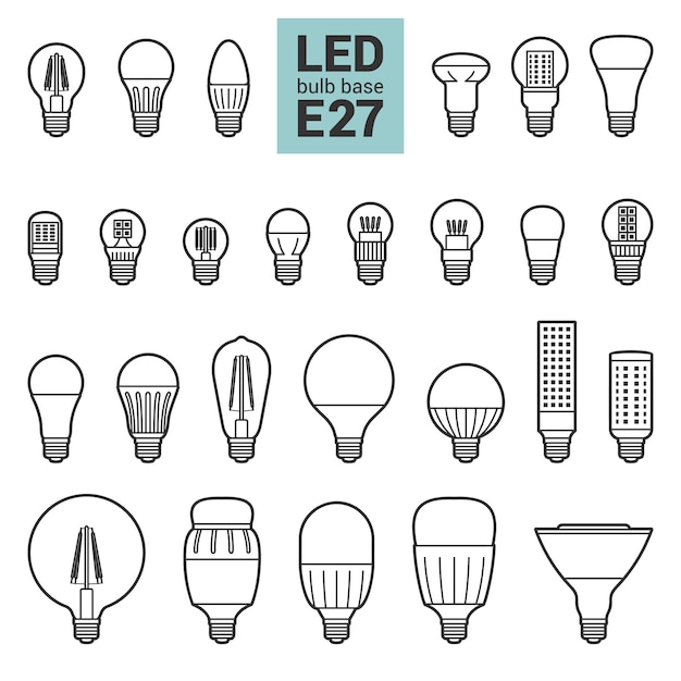 LED light E27 bulbs  outline icon set