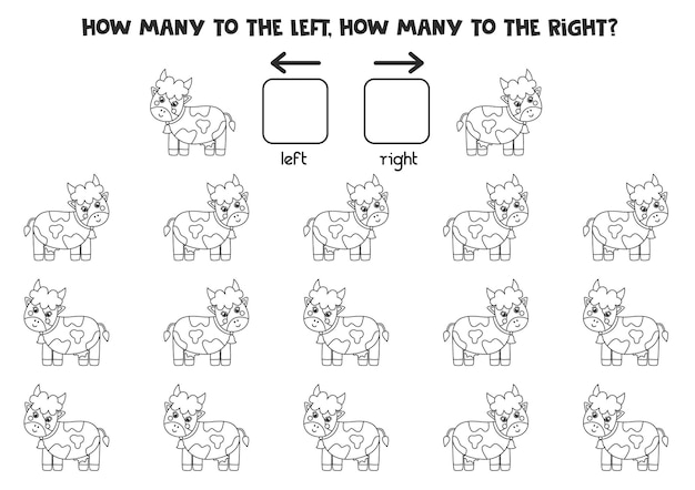 Left or right with black and white farm cow. Educational game to learn left and right.