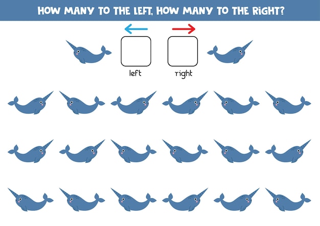 Left or right with cute cartoon narwhal Logical worksheet for preschoolers