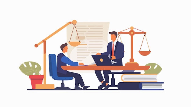 Vector legal advice and justice scene with lawyer in courtroom