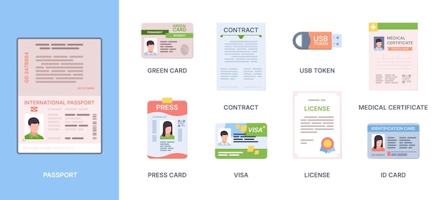 Legal id passport Personal documents credit or debit cards immigration information stickers personality photo green card garish vector template