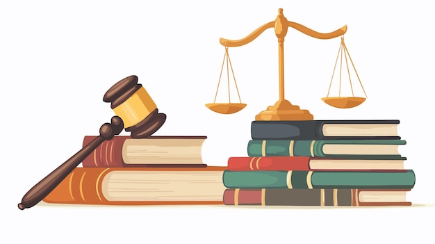 Vector legal justice system with gavel judges books and scales in courtroom