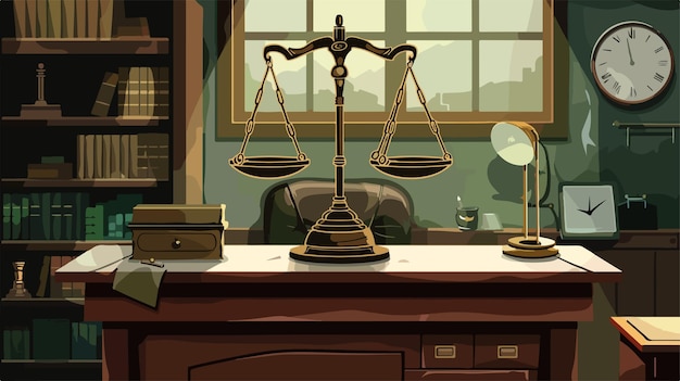 Vector legal scales of justice on lawyers workplace vector illustration